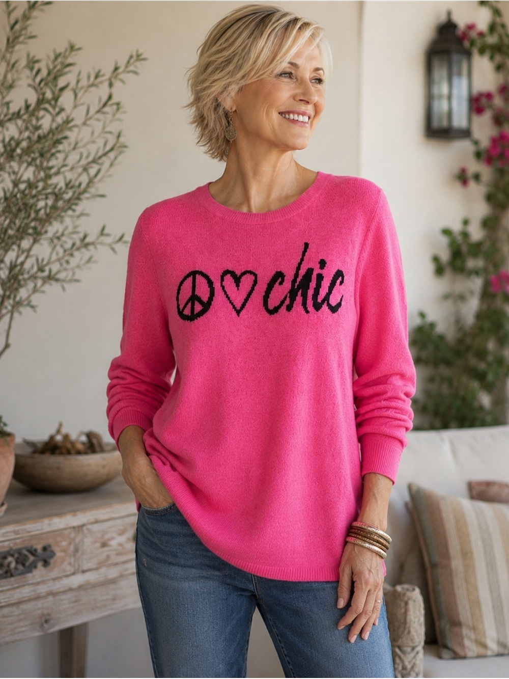 Chicos Womens Sweater Sz 2 Large Pink Wool Cashmere Blend Knit Peace Love Chic